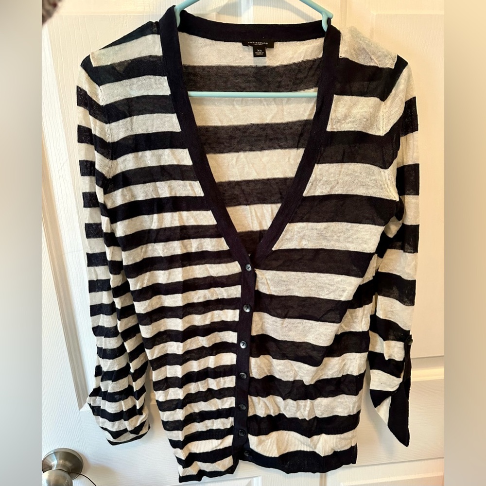 Ann Taylor XS Linen Striped long sleeve Cardigan Lightweight
